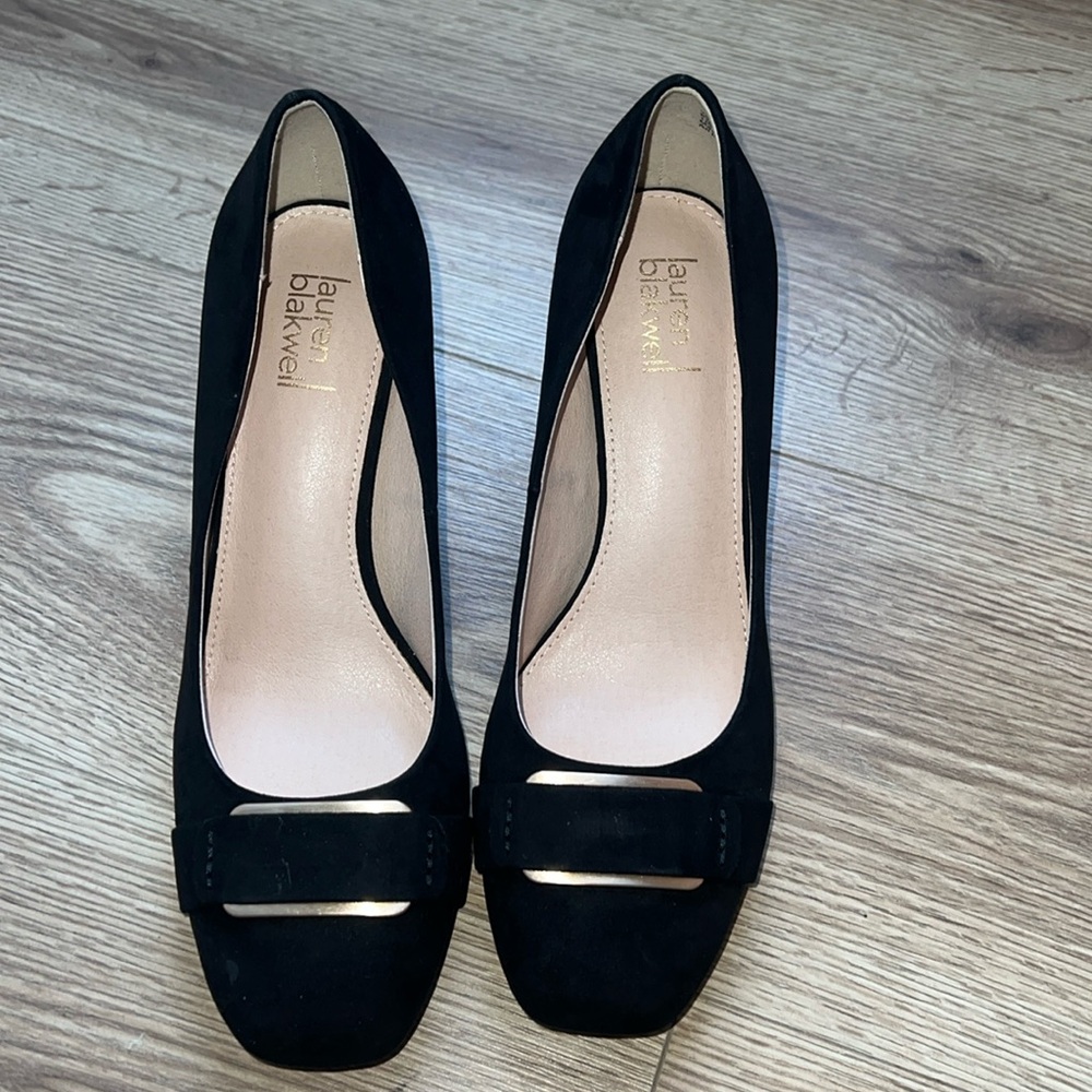 NEW LAUREN BLACKWELL black suede dress shoes Size 10M 2.5” rectangle heel no box